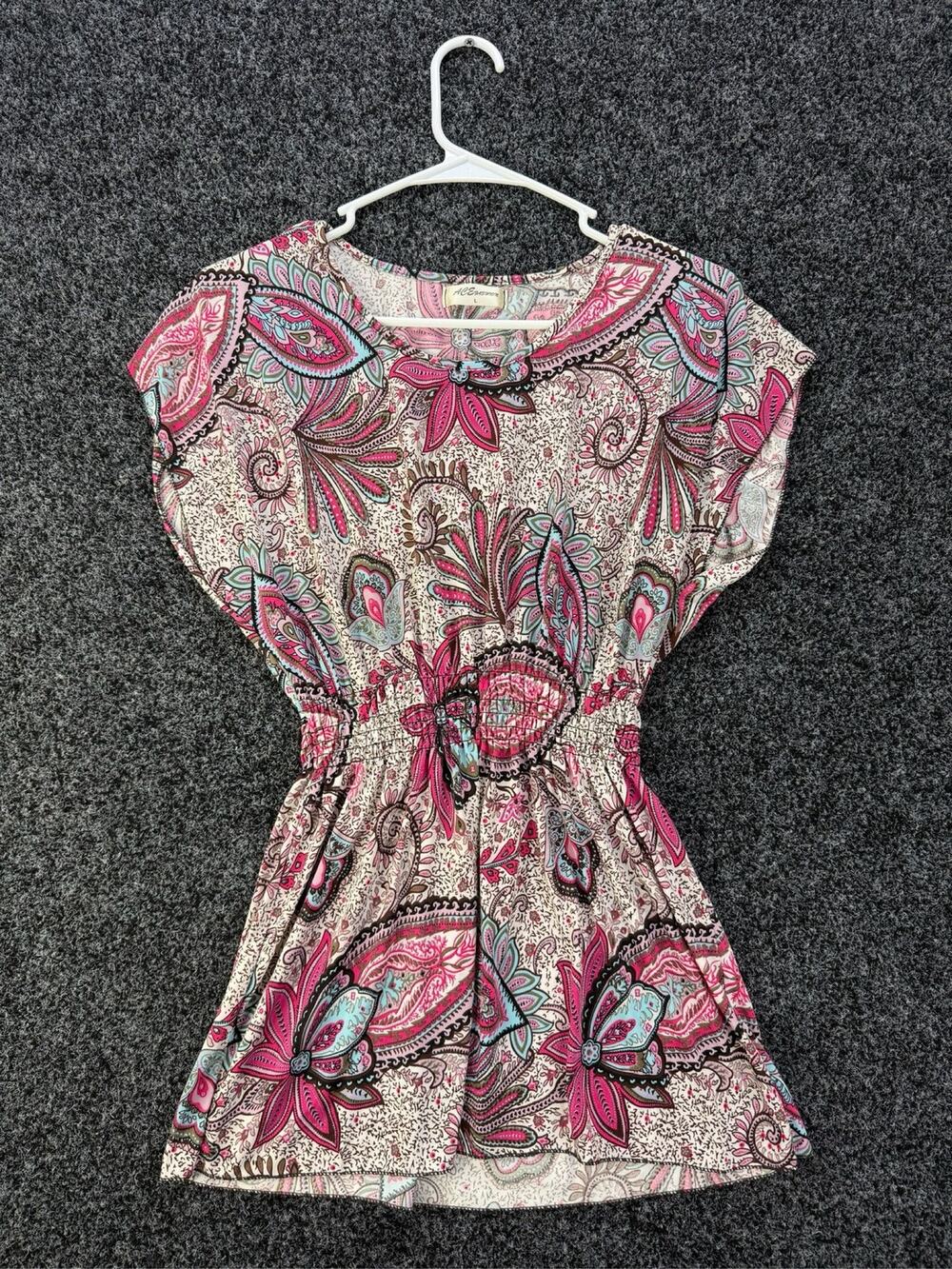 ACE Fashion Boho Blouse Festival Top Colorful Smocked Waist Floral Paisley Large